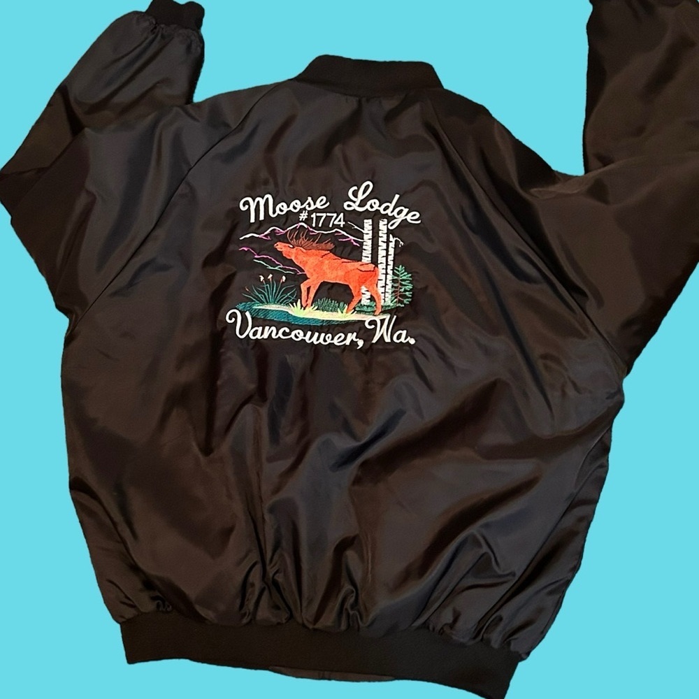 Vintage black satin jacket moose lodge Vancouver Washington fire!!!!
